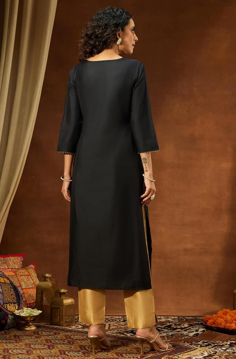 Janasya Women's Black Chanderi Silk Yoke Embroidered Straight Kurta - Image 4